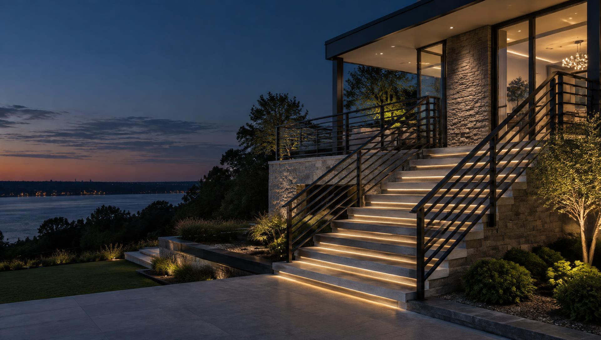 Modern home with custom black exterior stair railings
